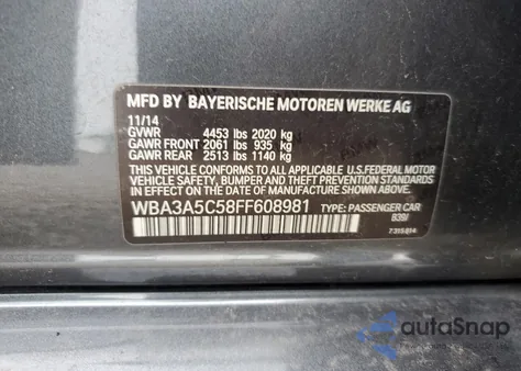 2015 BMW 328 I z USA, uszkodzony, nr VIN WBA3A5C58FF608981